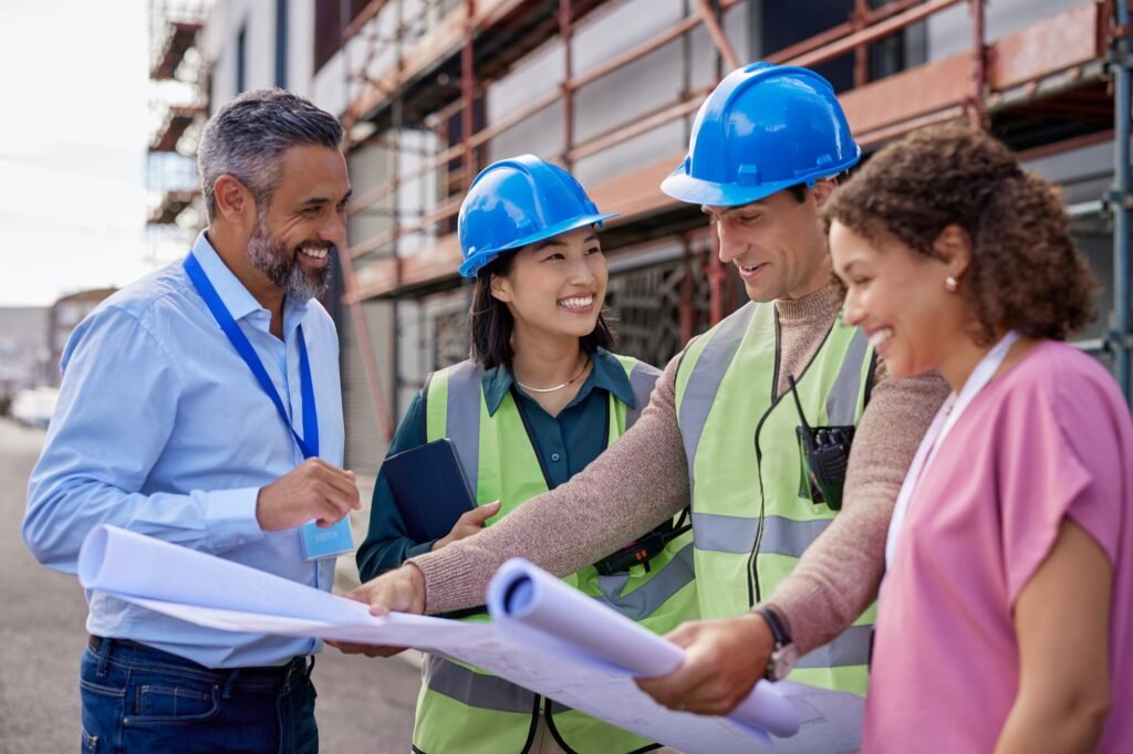 Smiling architects and happy engineers on construction site